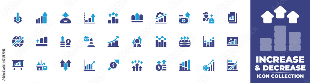 Increase and decrease icon collection. Duotone color. Vector and transparent illustration. Containing increase, data analytics, profit, analytic, benefits, businessman, career promotion, and more. - obrazy, fototapety, plakaty 
