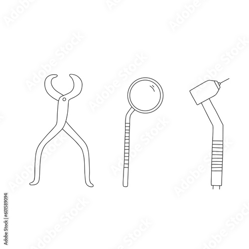 Dentist tool outline doodle icon. Dental care equipment signs set