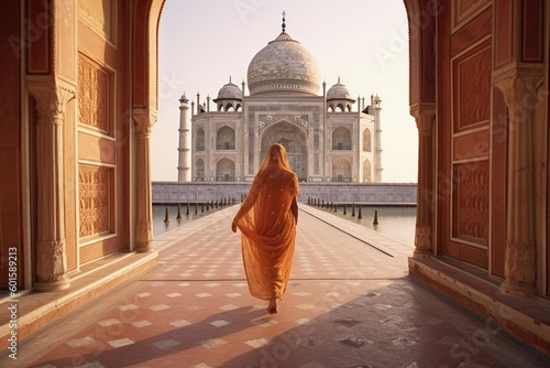 Fotografie, Obraz Woman in sari at Taj Mahal, India, Generative AI Technology