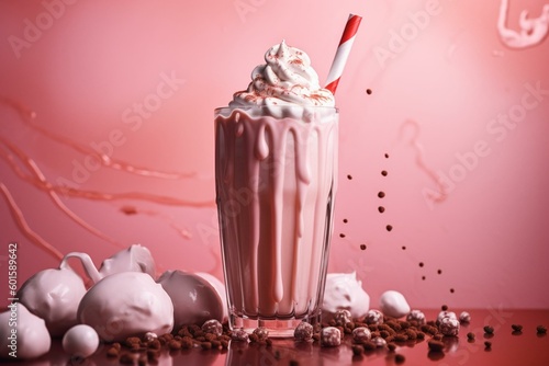 Pink and white milkshake on a pink background. Generative AI