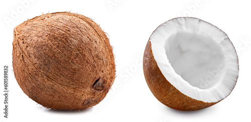 Coconut Clipping Path. Ripe whole coconut and half isolated on white background. Coconut macro studio photo.