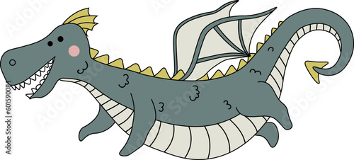 Cartoon cute children's fairy tale fantasy dragon. Medieval creatures, dragon kids, fairy tale legends, cute dinosaur kids, vector illustration set. Little cartoon dragons