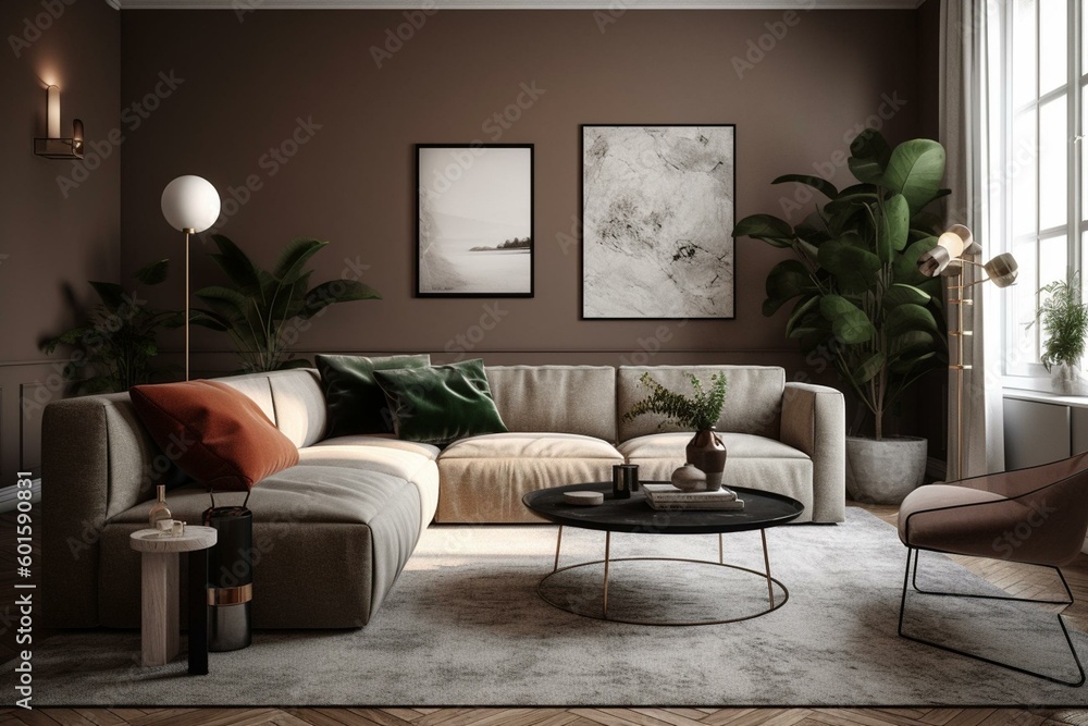 3D rendering of a home setup in the background of a living room interior mockup. Generative AI 3D rendering of a home setup in the background of a living room interior mockup. Generative AI