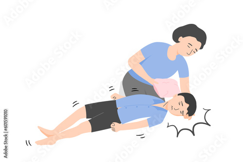 Isolated of a child boy with epileptic seizures and mother with soft towel on her hand, epilepsy concept. Hand draw flat vector illustration.	