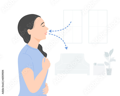 Side view of relaxed woman deep breathing exercise at home, mental health concept. Flat vector illustration.