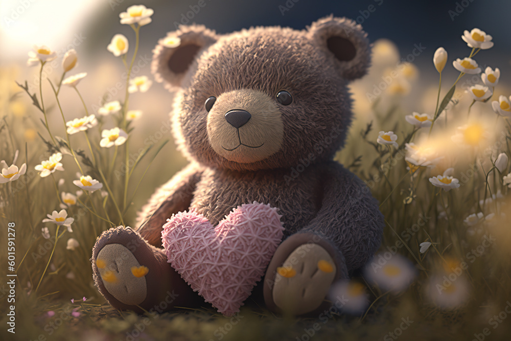 Teddy bear with heart in the meadow. Generative AI Teddy bear with heart in the meadow. Generative AI