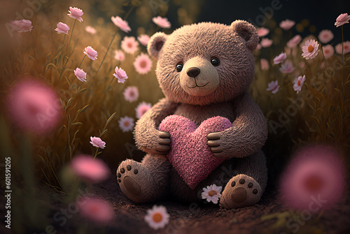 Teddy bear with heart in the meadow with pink and white daisies. Generative AI