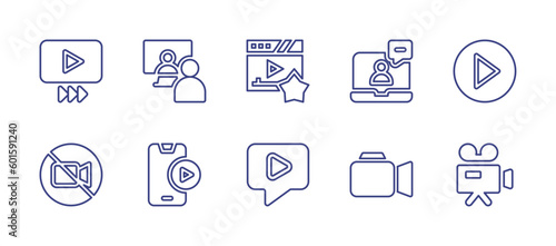 Video line icon set. Editable stroke. Vector illustration. Containing fast forward, virtual event, review, video chat, play, no video, video player, video, video camera, camera. © Huticon