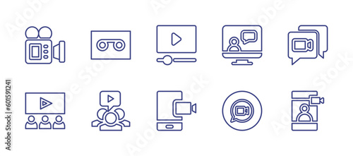 Video line icon set. Editable stroke. Vector illustration. Containing video camera, record, video player, video call, chat, team review.