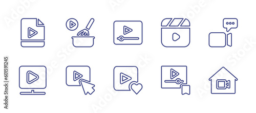Video line icon set. Editable stroke. Vector illustration. Containing video file, cooking, video player, clapperboard, chat, watch, youtube, favorite, video, home.