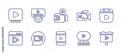 Video line icon set. Editable stroke. Vector illustration. Containing video player, video editing, video camera, play, browser, video chat, smartphone, follow, presentation.