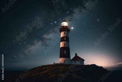 Nighttime view of a lighthouse silhouetted against the sky. Generative AI