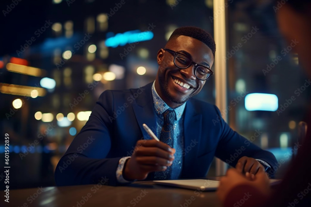 african american businessman smiling at his laptop in a cafe. Generative Ai african american businessman smiling at his laptop in a cafe. Generative Ai