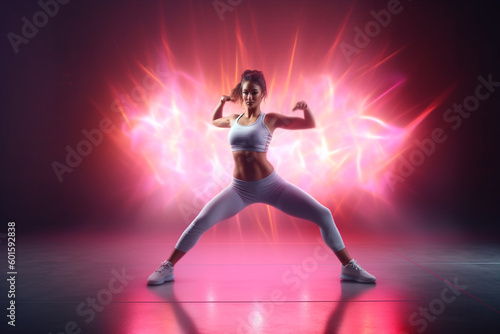  woman is doing a dance pose with bright lights. Generative Ai