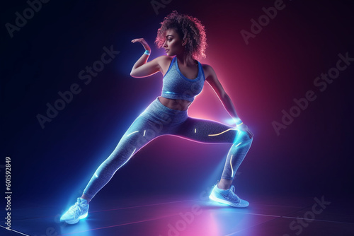  woman in a blue sports bra top and leggings is doing a stretching pose. Generative Ai