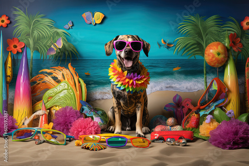 Colorful Dog portrait sitting on the beach wearing Sunglasses. Colorful items along with dog. Ai Generated Art. © kantaria
