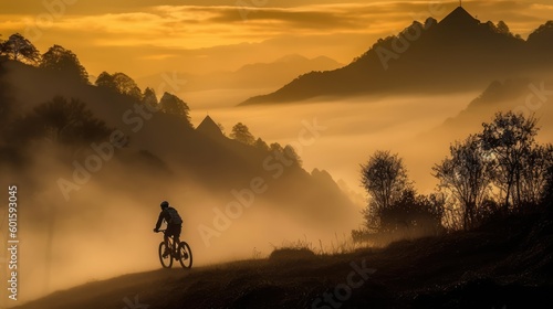 Silhouette of a cyclist riding on a mountain bike on a misty morning, Generative AI