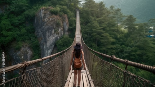 Young woman with backpack walking on suspension bridge in the mountains. Travel and adventure concept, Generative AI