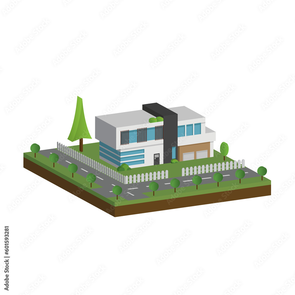 3D modern house and home. Isometric modern building and architecture with road, tree and fence .