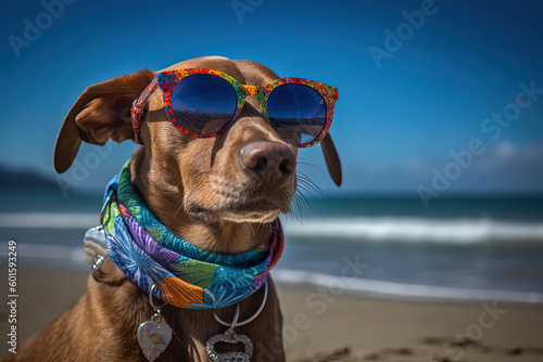 Smart dog on the beach wearing sunglasses. Ai Generative. © kantaria