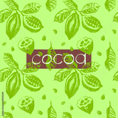 Green cocoa fruits pattern seamless with cocoa bean hand drawn illustrations. Cacao beans wallpaper for chocolate packaging design, cocoa powder label, organic cacao butter backdrop. Cocoa cosmetics.