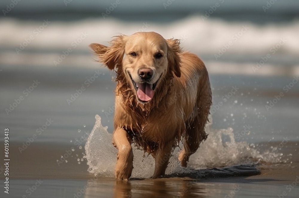 Perro feliz corriendo por la playa