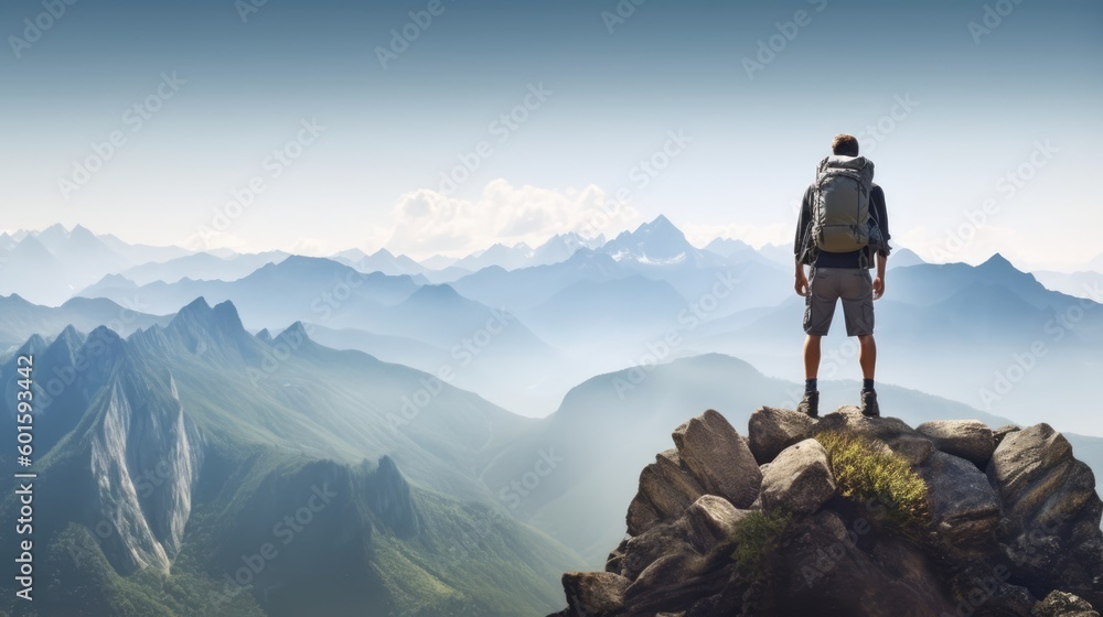 Hiker with backpack standing on top of a mountain and enjoying the view, Generative AI Hiker with backpack standing on top of a mountain and enjoying the view, Generative AI