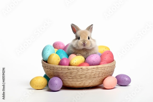Colorful easter eggs in basket with cute bunny isolated white background. Ai generative