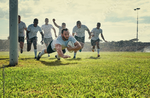 Sports, men rugby team on green field and playing with a ball. Teammates with fitness or activity outdoors, collaboration or teamwork and happy or excited people celebrate a player score a try