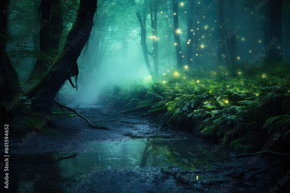 Dark fantasy forest landscape of creek with fog at night, Generative AI