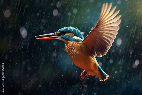 Stunning portrait of kingfisher in the rain. generative AI © mualtry