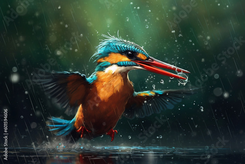 Stunning portrait of kingfisher in the rain. generative AI
