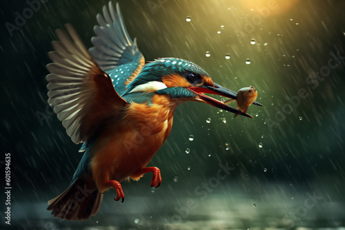 Stunning portrait of kingfisher in the rain. generative AI © mualtry002