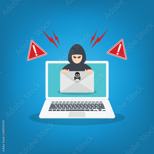Hacker, Cyber criminal with laptop stealing user personal data. Hacker attack and web security. Internet phishing concept. Hacker in black hood with laptop trying to cyber attack.	