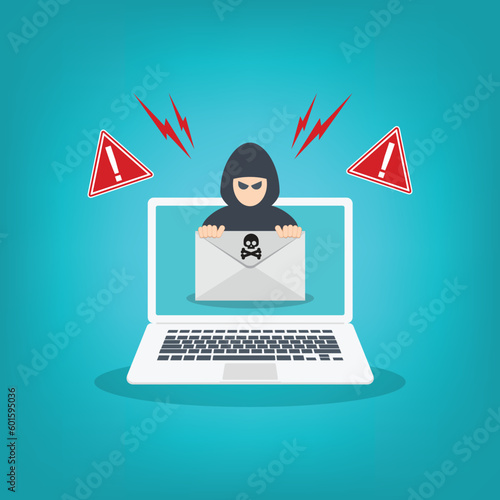 Hacker, Cyber criminal with laptop stealing user personal data. Hacker attack and web security. Internet phishing concept. Hacker in black hood with laptop trying to cyber attack.	