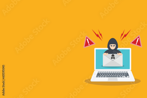 Hacker, Cyber criminal with laptop stealing user personal data. Hacker attack and web security. Internet phishing concept. Hacker in black hood with laptop trying to cyber attack.	