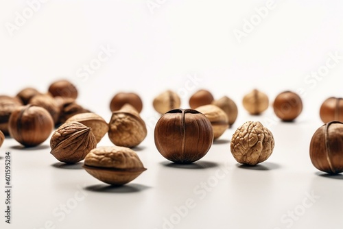 Nuts on a white table near a white background, some on the table and some in the center. Generative AI
