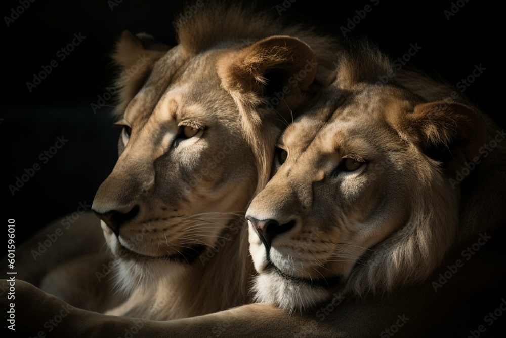 Lion couple cuddling on Valentine's Day. Generative AI Lion couple cuddling on Valentine's Day. Generative AI