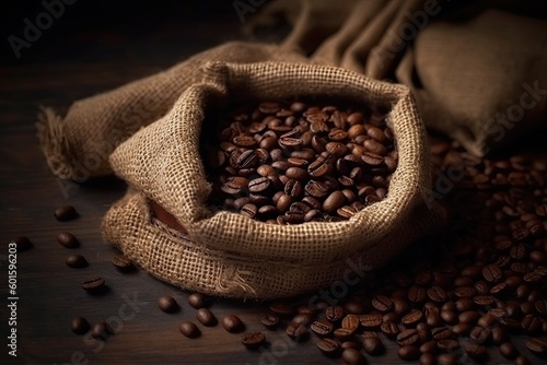 Coffee beans in burlap bag on dark wooden background. © ttonaorh
