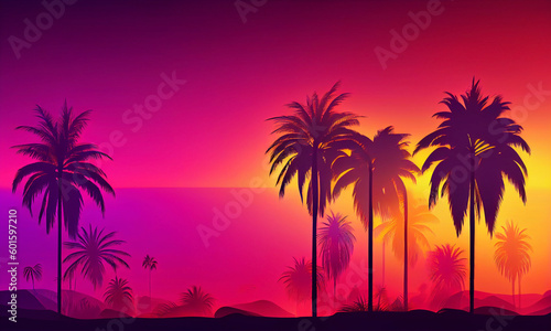 トロピカルなピンクグラデーション背景と椰子の木のシルエット © おでんじん