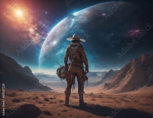 Fotobehang Cowboy mechanical cyborg space with horse made by ai generated
