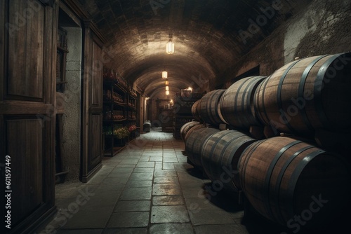 Wine barrels in a Hungarian cellar. Generative AI