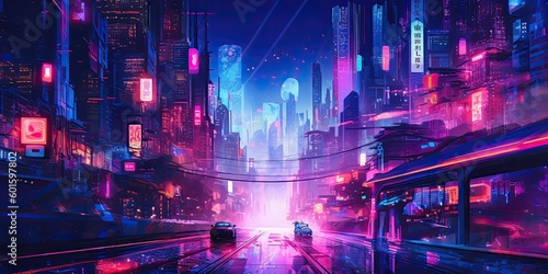 a city street filled with lots of neon lights, cyberpunk art, digital art, digital concept art illustration, beaten city. neo noir style, surreal cityscape background, generative ai