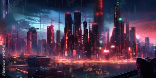 a view of a futuristic city at night, cyberpunk art, red and cinematic lighting, cyberpunk, generative ai