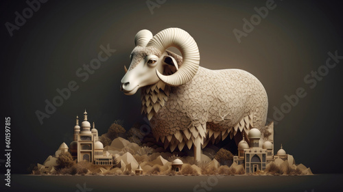 Muslim holiday Eid al-Adha, sacrifice of a ram or a sheep. Template for flyers, posters, postcards Generative AI photo