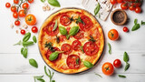 Delicious vegetarian pizza with champignon mushrooms, tomatoes and mozzarella,  on white wooden background, top view, flat lay ai illustration 
