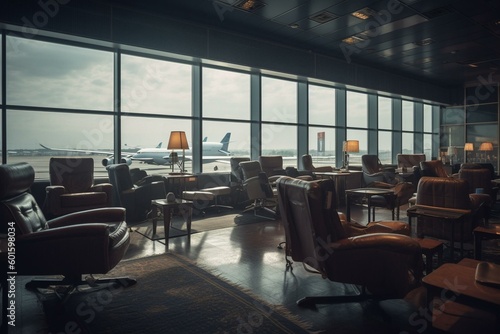 Relaxation with a view. Airport lounge with seats, tables & airplanes preparing for takeoff in the background. Generative AI © Ryleigh