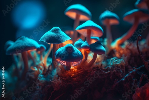 Shimmering fungal glow in vivid hues, enchanting and mystical. Generative AI