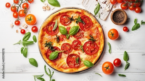 Delicious vegetarian pizza with champignon mushrooms, tomatoes and mozzarella, on white wooden background, top view, flat lay ai illustration 