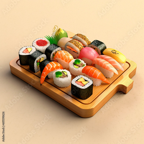 Delicious sushi on a wooden board. High quality illustration Generative AI